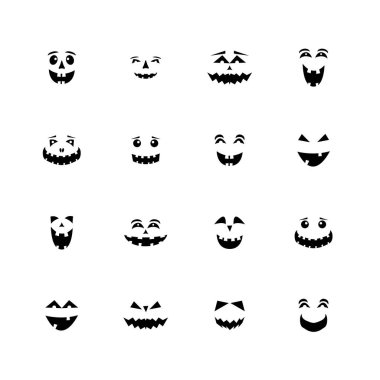 Cadılar Bayramı yüz seti. Ürkütücü mutlu, komik canavar suratı, Cadılar Bayramı 'nda izole edilmiş. Balkabağı kabağı yüzleri.