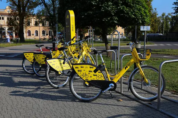 stock image TARNOWSKIE GORY, POLAND - AUGUST 28, 2024: Metrorower bicycle rental station in Tarnowskie Gory, Poland. Metrorower is operated by Nextbike.