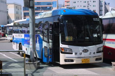 BUSAN, Güney Kore - 31 Mart 2023: Busan 'ın Sasang ilçesindeki Seobu Otobüs Terminali' nde otobüs otobüsleri.