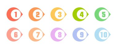 Mermi noktası tasarım elemanı ayarlandı. Renkli liste işaretleyicileri koleksiyonu, 1 numaradan 10 numaraya.