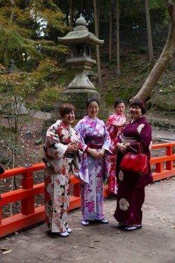 Kyoto, Japonya - 28 Kasım 2016: insanlar Kimono kadınlar Fushimi Inari Taisha tapınak Kyoto, Japonya için ziyaret edin. Fushimi Inari 10.000'den fazla yakın kapıları vardır.