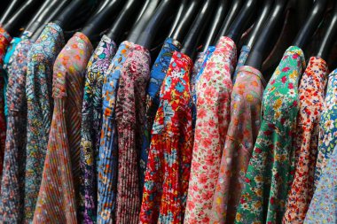 Flower pattern blouses at Gwangjang Market in Seoul, Korea. clipart