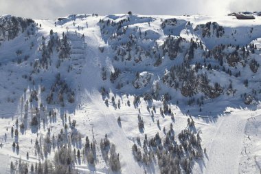 Black ski run. Austria ski resort - Mayrhofen in Tyrol. Austrian Alps. Famous Harakiri black run.