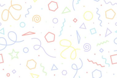 Eğlenceli, dinamik, dikişsiz desen. 90 'ların Memphis modasından ve 80' lerin acayip tasarımından esinlenilmiş çizgi karalamaları. Vektör şirin renkli arkaplan.