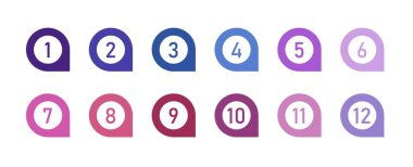 Mermi noktası tasarım elemanı ayarlandı. Renkli liste işaretleyicileri koleksiyonu, 1 numaradan 12 numaraya.