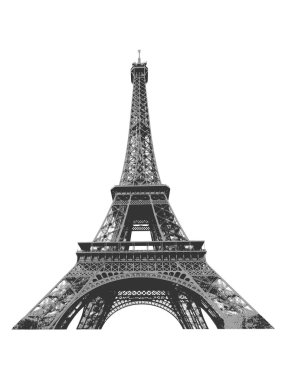 Siyah ve beyaz Eyfel Kulesi siluet vektörü. Paris, Fransa 'daki Eyfel Kulesi' nin ana hatları.