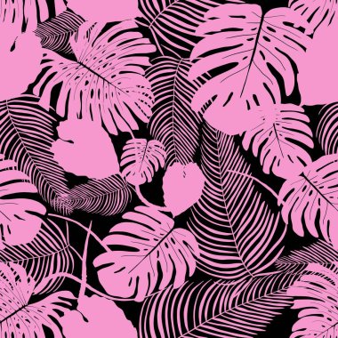 Exotic foliage vector background. Seamless tropical leaves rainforest pattern. Vector jungle fashion print in pink and black. clipart