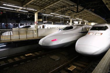 TOKYO, JAPONYA - 28 Kasım 2016: Tokyo İstasyonu, Japonya 'da Shinkansen Tokaido mermi treni. Tokaido yolu Hikari ve Nozomi Shinkansen trenleri tarafından kullanılıyor..