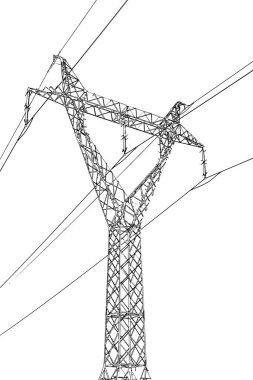 Siyah, beyaz, yüksek gerilim direği silueti. Elektrik kablolarının ve iletilerin izole grafikleri.