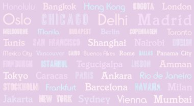 Dünya şehir isimleri tasarımı. Bir paspas, masa örtüsü ya da yatak örtüsü için seyahat hedefi renkli mor konsept.