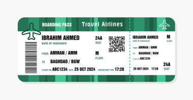 Bağdat, Irak 'a bilet. Genel verilerle birlikte giriş kartı şablonu. QR kodlu seyahat bileti vektör çizelgesi.