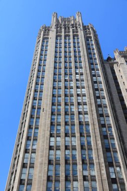 Chicago, ABD - 27 Haziran 2013: Chicago 'daki Tribune Tower neo-gotik gökdeleni. 462 feet (141 m) yüksekliğindedir ve Michigan-Wacker Tarihi Bölgesi 'nin bir parçasıdır..
