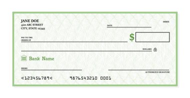 Boş banka çeki. Genel Amerikan çek şablonu vektör tasarımı.