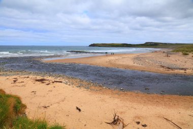 Portballintrae 'deki Bushfoot Sahili, Kuzey İrlanda. Bush Nehri haliçleri. County Antrim 'de Doğa. Yaz manzarası.