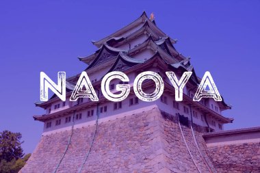 Nagoya, Japonya. Şehir ismi, modern fotoğraf kartpostalı. Seyahat hedef metin başlığı kartı.