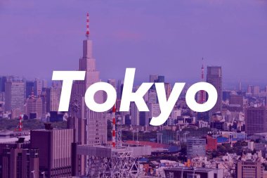 Tokyo, Japonya. Şehir ismi, modern fotoğraf kartpostalı. Seyahat hedef metin başlığı kartı.