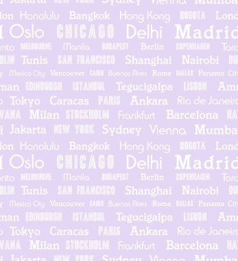 Dünya şehirleri kusursuz desenler dizayn eder. Moda baskısı veya ürün dekorasyonu için seyahat hedefi mor beyaz metin kavramı.