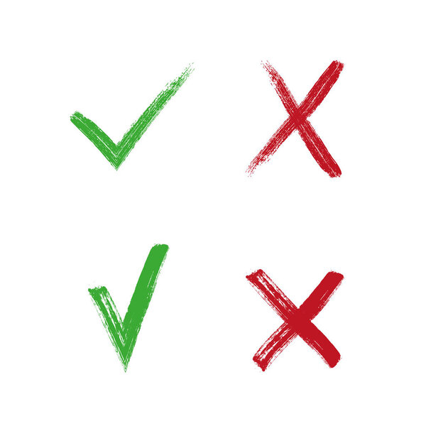 Галочка и набор символов, нарисованных вручную. Элементы дизайна "да" и "нет". Принять или отклонить значок выбора.