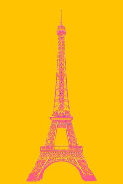 Paris France modern poster tasarımı. Eyfel Kulesi 'nin sarı ve pembe havalı grafikleri.