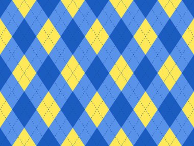 Argyle dokusu. Mavi sarı baklava desenli vektör. Kusursuz retro giysi baskısı tasarımı. Argyle arkaplanı.