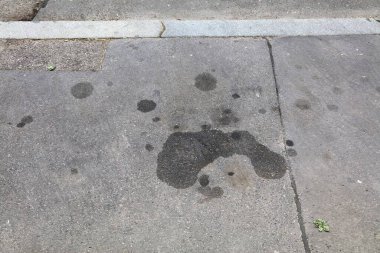 Çek Cumhuriyeti 'nde petrol lekeleri var. Toprak kirliliği sorunu. Asfalt yüzeyinde yağ lekeleri.