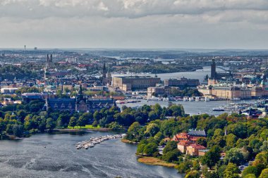 İsveç 'te Stockholm şehrinin silueti. Hava görüntüsü. HDR fotoğrafı.