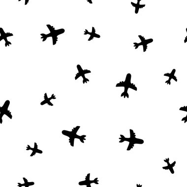 Kusursuz desenli basit uçaklar. Yolcu uçağı ya da oyuncak uçak rotası. Siyah beyaza.