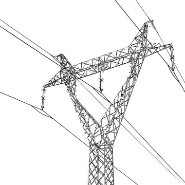 Siyah ve beyaz yüksek gerilimli elektrik direği silueti. Elektrik kablolarının ve iletilerin izole grafikleri.
