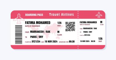 Fas 'tan Paris' e, Fransa 'ya bilet. Genel verilerle birlikte giriş kartı şablonu. QR kodlu seyahat bileti vektör çizelgesi.