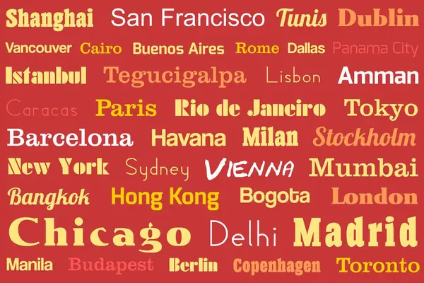 Dünya şehir isimleri tasarımı. Bir paspas, masa örtüsü ya da yatak örtüsü için seyahat hedefi renkli konsept.