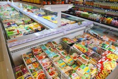 KUALA LUMPUR, MALAYSIA - MARCH 16, 2024: Ready frozen lunches at a grocery store in Kuala Lumpur.