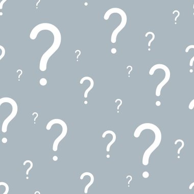 Soru işaretleri kusursuz vektör arkaplanı. Online anket ya da sınav için soru işareti dokusu. Gri üzerine beyaz.