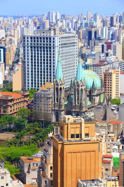 Sao Paulo şehri, Brezilya. Büyük şehir gökdelenleri ve Se Katedrali hava manzarası.