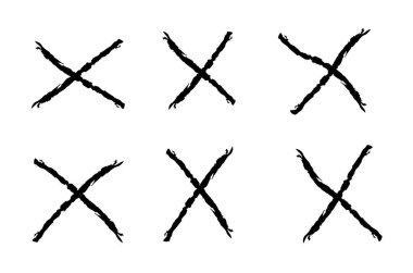 Grunge X sembolü hazır. Çapraz X işareti vektör illüstrasyon koleksiyonu. Bir şeyi iptal etmek, reddetmek ve reddetmek için çapraz tasarım ögesi.