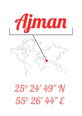Ajman posteri ya da tişört grafik tasarımı. Şehir koordinatları ve dünya haritası tipografisi. Yaratıcı asgari seyahat hedefi poster tasarımı.