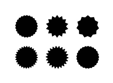 Yıldız patlaması siyah çıkartma seti. Güneş patlaması rozeti koleksiyonu, etiket, fiyat etiketi ya da dalgalı kenarı olan kaliteli mühür. Düz tasarım vektör elementleri.
