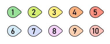 Mermi noktası tasarım elemanı ayarlandı. Renkli liste işaretleyicileri koleksiyonu, 1 numaradan 10 numaraya.
