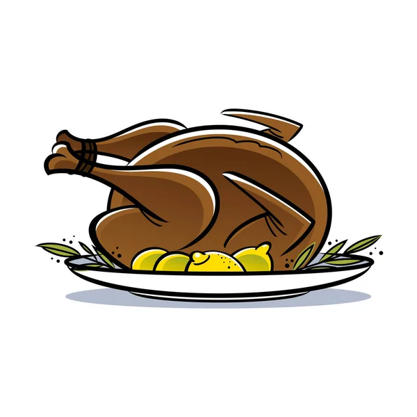 感恩节快乐的烤火鸡放在盘子里 上面装饰着蔬菜和柠檬 喜庆的食物孤立的白色背景 — 图库矢量图片