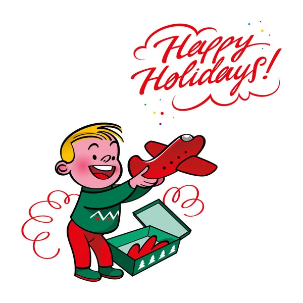 Щасливі Свята Хлопчик Виймає Різдвяний Подарунок Коробки Червоний Іграшковий Літак — стоковий вектор