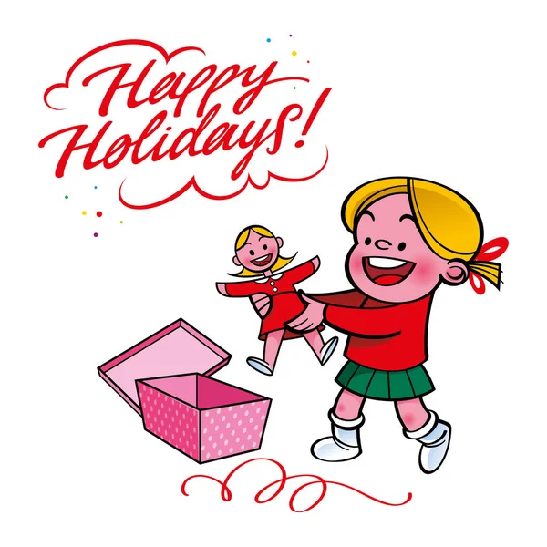 Happy Holidays Girl Takes Out Christmas Gift Box Doll Red — Stock Vector