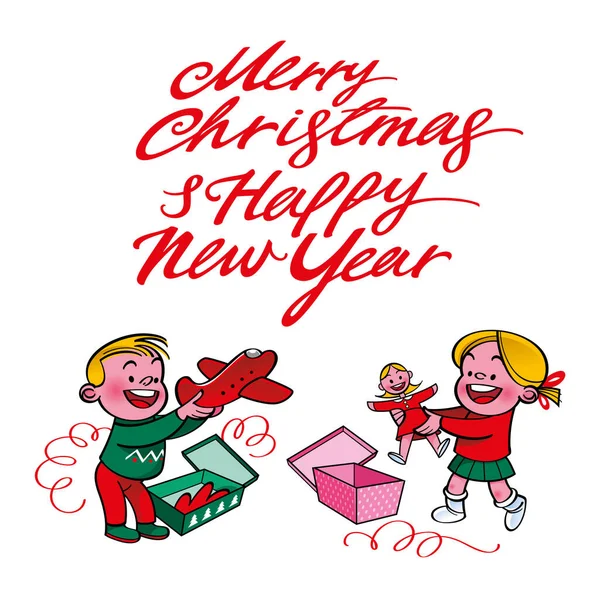 Merry Christmas Happy New Year Happy Children Take Christmas Gifts — Stock Vector