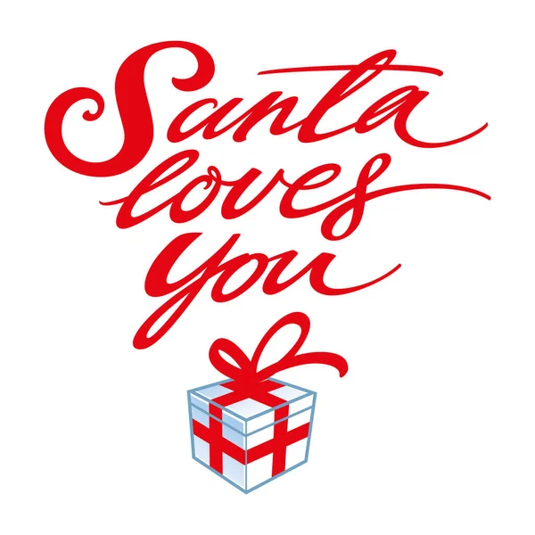 Santa Loves You Christmas Festive Inscription Lettering White Gift Box — Stock Vector