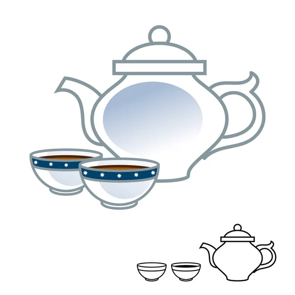 白瓷茶壶和两杯茶杯 静止不动 中国茶道 孤立的图像 — 图库矢量图片