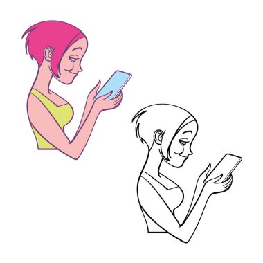 Sohbet. Genç gülümseyen kız telefonda arkadaşlarıyla sohbet ediyor, bir mesaj gönderiyor..