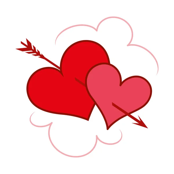 Två Hjärtan Genomborrade Pil Symbol För Kärlek Alla Hjärtans Dag — Stock vektor