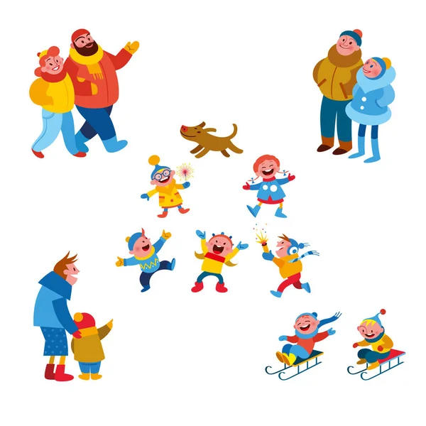 冬の人たち 冬服を着た漫画キャラクターのグループ 雪の中で遊ぶ子供たち 野外活動 ストックベクター