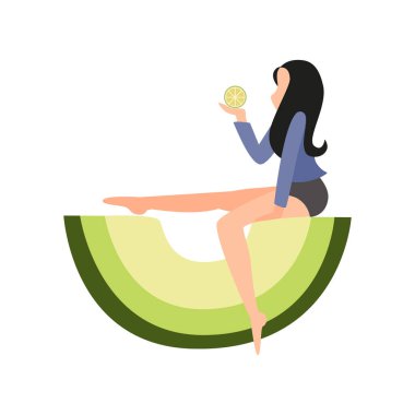 Turunçgilli kız, bir parça avokadonun üstüne oturuyor. Sağlıklı gıda konsepti. Vektör düz resimleme