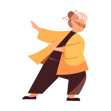Yaşlı kadın Tai Chi ve qigong egzersizleri yapıyor.