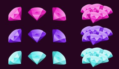 Oyun öğeleri. Koyu arkaplanda renkli mücevherler var.