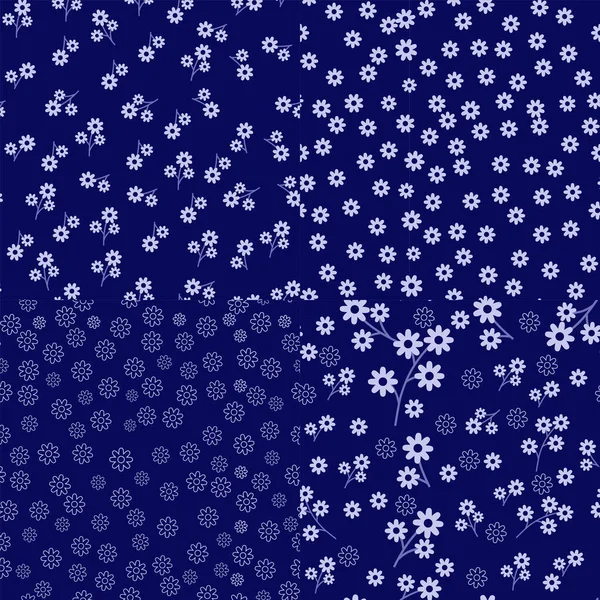 Set Small Flowers Dark Blue Background Seamless Pattern — Stock Vector